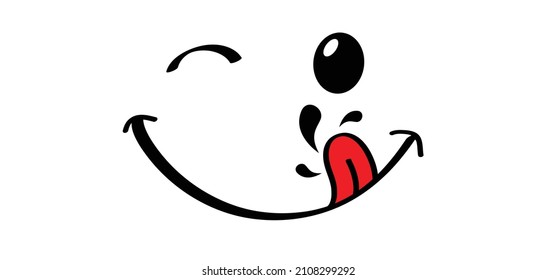 Yummy smile face with red tongue lick and saliva. Vector laugh cartoon slobber sign,  icon. Delicious, hungry, tasty eating. Lips or lips symbol. licking logo. Savour eating. World food day