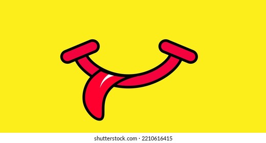 Yummy smile face with red tongue lick and saliva. Vector laugh cartoon slobber sign, icon. Delicious, hungry, tasty eating. Lips or lips symbol. licking logo. Savour eating.