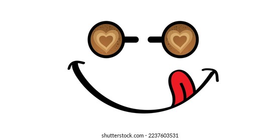 Yummy smile face with red tongue lick and saliva. Two coffee or tea break. Cartoon cup of coffee. Coffee time or day. full energy power drinks. Energetic drink. For coffee shop. Milk and sugar
