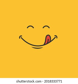 Yummy smile flat design. Smile face licking on yellow background. Yummy smile vector.