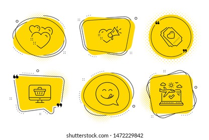 Yummy smile, Heart and Airplane travel signs. Chat bubbles. Web shop, Love ticket and Love message line icons set. Shopping cart, Heart, Emoticon. Check in. Holidays set. Line web shop icon. Vector