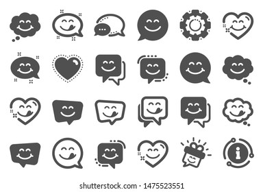 Yummy smile icons. Emoticon speech bubble, social media message, smile with tongue. Tasty food eating emoji face icons. Delicious yummy speech bubble, happy emoticon. Quality set. Vector