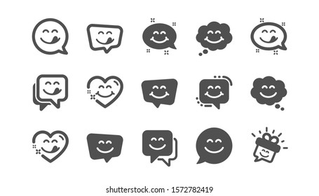 Yummy smile icons. Emoticon speech bubble, social media message, smile with tongue. Tasty food eating emoji face icons. Delicious yummy, happy emoticon. Classic set. Quality set. Vector