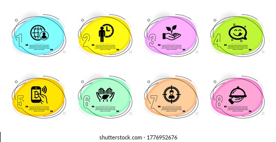 Yummy smile, International recruitment and Restaurant food signs. Timeline infographic. Waiting, Helping hand and Fair trade line icons set. Bitcoin pay, Headhunting symbols. Vector