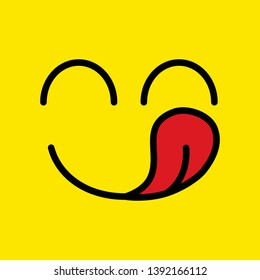 Yummy Smile Isolated Icon. Delicious, Funny Hungry Yummy Emoji Face Enjoy Eat With Mouth And Tongue. Smile Logo Line On Yellow Background