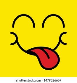yummy smile isolated icon. delicious, funny hungry yummy emoji face enjoy eat with mouth and tongue. smile logo line on yellow background