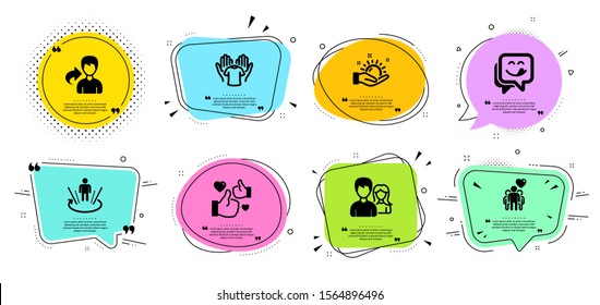Yummy smile, Like and Sunny weather line icons set. Chat bubbles with quotes. Hold t-shirt, Augmented reality and Share signs. Friendship, Teamwork symbols. Emoticon, Thumbs up. People set. Vector