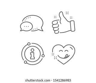 Yummy smile line icon. Chat bubble, info sign elements. Emoticon with tongue sign. Comic heart symbol. Linear yummy smile outline icon. Information bubble. Vector