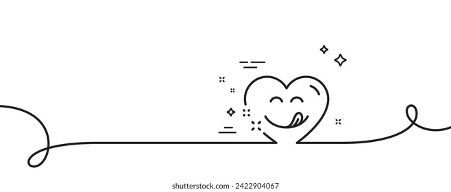 Icono de la línea de sonrisa. Una línea continua con curl. Emoticon con signo de lengua. Símbolo cómico del corazón. Sonrisa alegre con una cinta de contorno simple. Patrón de curva de bucle. Vector