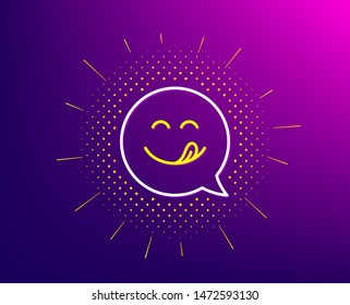 Yummy smile line icon. Halftone pattern. Emoticon with tongue sign. Speech bubble symbol. Gradient background. Yummy smile line icon. Yellow halftone pattern. Vector