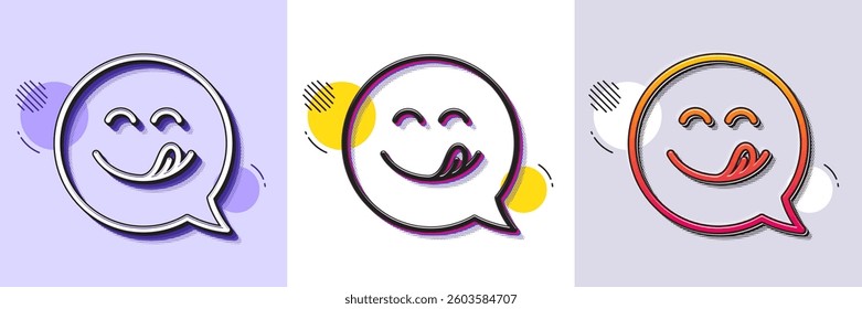 Yummy smile line icon. Halftone dotted pattern. Gradient icon with grain shadow. Emoticon with tongue sign. Speech bubble symbol. Line yummy smile icon. Various designs. Vector