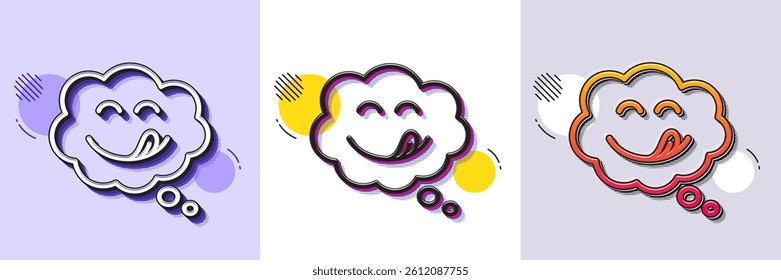 Yummy smile line icon. Halftone dotted pattern. Gradient icon with grain shadow. Emoticon with tongue sign. Comic speech bubble symbol. Line yummy smile icon. Various designs. Vector