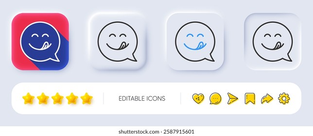 Yummy smile line icon. Neumorphic, Flat shadow, 3d buttons. Emoticon with tongue sign. Speech bubble symbol. Line yummy smile icon. Social media icons. Vector