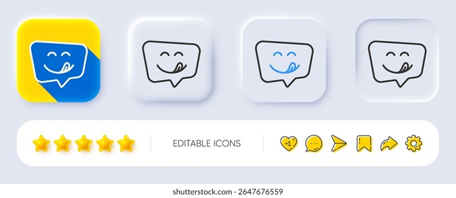 Ícone de linha de sorriso delicioso. Neumórfico, sombra plana, botões 3d. Emoticon com sinal de língua. Símbolo de balão de fala. Ícone de sorriso gostoso. Ícones de mídia social. Vetor