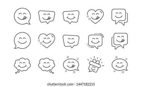 Yummy smile line icons. Emoticon speech bubble, social media message, smile with tongue. Tasty food eating emoji face icons. Delicious yummy, happy emoticon. Linear set. Vector