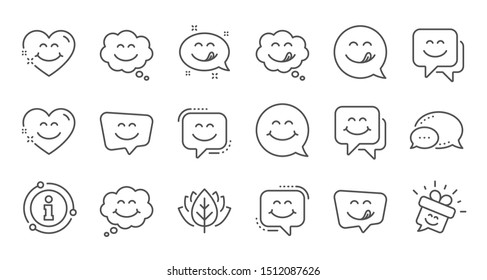 Yummy smile line icons. Emoticon speech bubble, social media message, smile with tongue. Tasty food eating emoji face icons. Delicious yummy, happy emoticon. Linear set. Quality line set. Vector