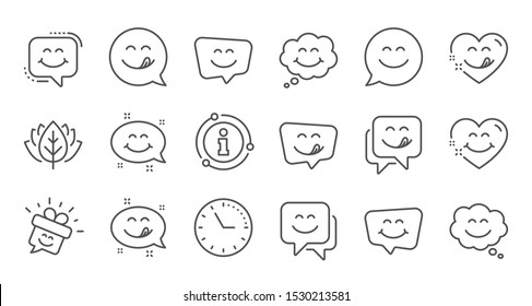 Yummy smile line icons. Emoticon speech bubble, social media message, smile with tongue. Tasty food eating emoji face icons. Delicious yummy, happy emoticon. Linear set. Quality line set. Vector