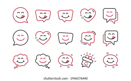 Yummy smile line icons. Emoticon speech bubble, social media message, smile with tongue. Tasty food eating emoji face icons. Delicious yummy, happy emoticon. Linear set. Linear set. Vector