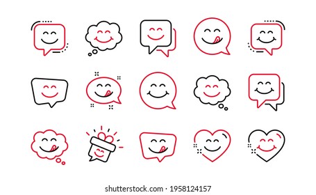 Yummy smile line icons. Emoticon speech bubble, social media message, smile with tongue. Tasty food eating emoji face icons. Delicious yummy, happy emoticon. Linear set. Linear set. Vector