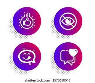 Yummy smile, Not looking and Like hand icons simple set. Halftone dots button. Heart sign. Emoticon, Eye care, Thumbs up. Love chat. People set. Classic flat yummy smile icon. Vector