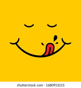 Yummy smile with red tongue, saliva on yellow background. Hungry, eating, tasting face. Happy character after savour eating. Concept of enjoy food. Icon mouth of delicious, pleasure for chat. Vector.