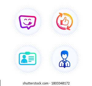 Yummy smile, Refresh like and Id card icons simple set. Button with halftone dots. Businessman sign. Emoticon, Thumbs up counter, Human document. User data. People set. Vector