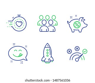 Yummy smile, Rocket and Piggy sale line icons set. Group, Timer and Correct answer signs. Emoticon, Spaceship, Discounts. Developers. Business set. Line yummy smile outline icons. Vector