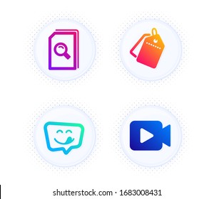 Yummy smile, Sale tags and Search files icons simple set. Button with halftone dots. Video camera sign. Emoticon, Discount labels, Magnifying glass. Movie or cinema. Technology set. Vector