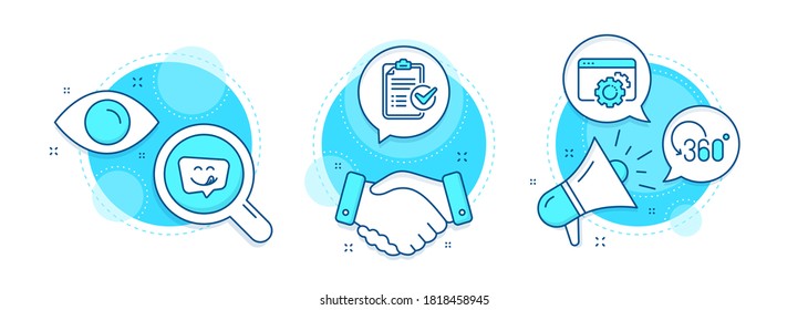 Yummy smile, Survey checklist and Full rotation line icons set. Handshake deal, research and promotion complex icons. Seo gear sign. Emoticon, Report, 360 degree. Settings. Technology set. Vector