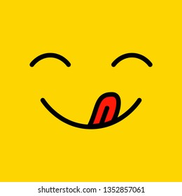 Yummy smile with tongue. Hungry emoji face enjoying delicious, tasty food. Food mood logo. Vector illustration. 