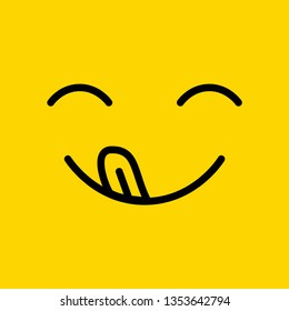 Yummy smile with tongue. Hungry emoji face enjoying delicious, tasty food. Food mood logo. Vector illustration. 