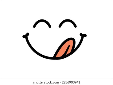 Yummy smile with tongue lick mouth. World smile day or month Food logo. Funny vector laugh cartoon comic sign. Delicious, tasty eating emoji lip face.