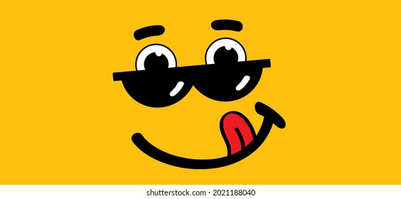 Yummy smile with tongue and lips. Emoticon, emoji face smiling and sunglasses. Cartoon vector cool sign. Eating, eat mouth. Comic sun glasses and astonish, astound, amaze expression