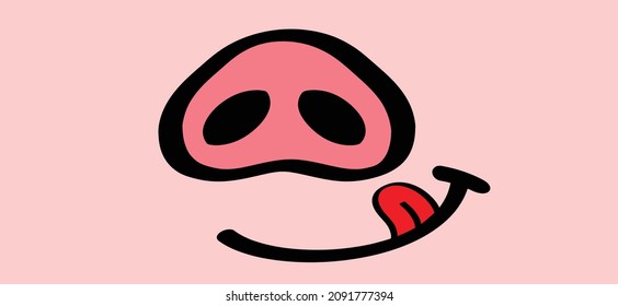Yummy Smile With Tongue And Lips. Pig Face And Nose For Bacon Day. Drawing Pigs Animals Farm Silhouette Symbol, Pictogram. Vector Pig Swine Idea. Piglets Icon Or Sign