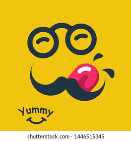 Yummy smile with tongue and mustache. Emoji face enjoying delicious, tasty food. Hungry tongue and slobber. Comical cartoon face. Vector illustration flat design. Character gourmet. Yummy icon.