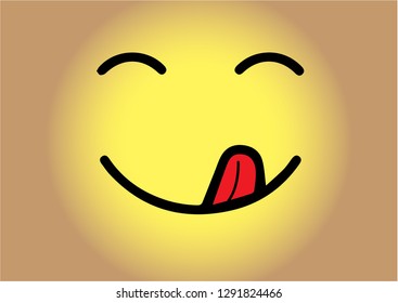 Yummy smile vector cartoon line emoticon with red tongue lick mouth. Delicious tasty food eating emoji face on yellow design background - Vector