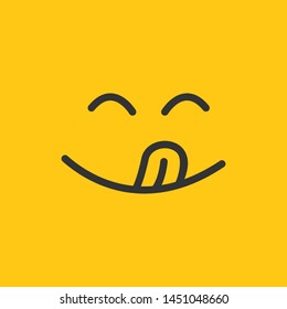 Yummy smile vector cartoon line emoticon with tongue lick mouth. Delicious tasty food eating emoji face on yellow design background, vector illustration