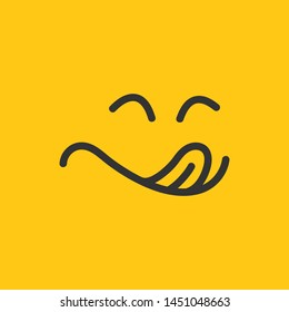 Yummy smile vector cartoon line emoticon with tongue lick mouth. Delicious tasty food eating emoji face on yellow design background, vector illustration