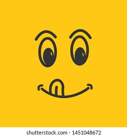 Yummy smile vector cartoon line emoticon with tongue lick mouth. Delicious tasty food eating emoji face on yellow design background, vector illustration