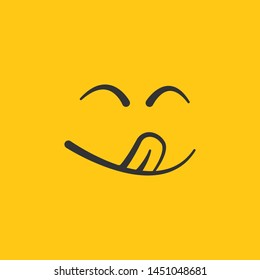 Yummy Smile Vector Cartoon Line Emoticon With Tongue Lick Mouth. Delicious Tasty Food Eating Emoji Face On Yellow Design Background, Vector Illustration