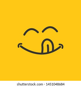 Yummy smile vector cartoon line emoticon with tongue lick mouth. Delicious tasty food eating emoji face on yellow design background, vector illustration