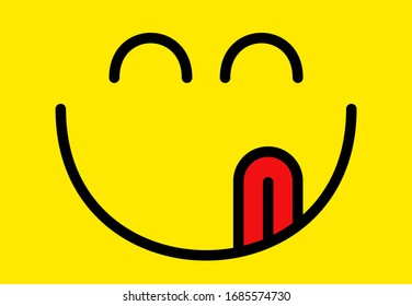 Yummy smile vector cartoon line emoticon with tongue lick mouth. Delicious tasty food eating emoji face on yellow design background, Vector