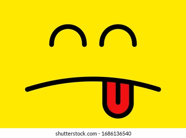 Yummy smile vector cartoon line emoticon with tongue lick mouth. Delicious tasty food eating emoji face on yellow design background, Vector