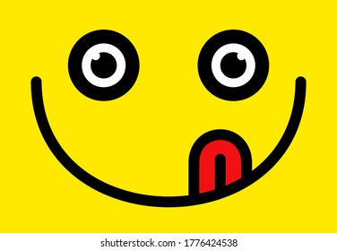 Yummy smile vector cartoon line emoticon with tongue lick mouth. Delicious tasty food eating emoji face on yellow design background