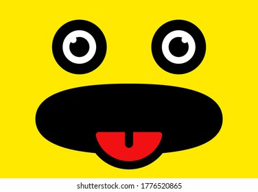 Yummy smile vector cartoon line emoticon with tongue lick mouth. Delicious tasty food eating emoji face on yellow design background