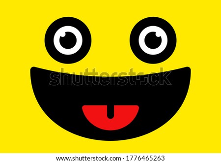 Yummy smile vector cartoon line emoticon with tongue lick mouth. Delicious tasty food eating emoji face on yellow design background
