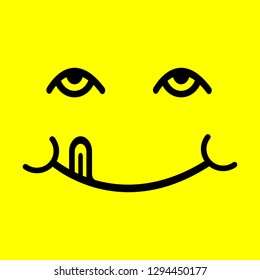 Yummy smile vector illustration cartoon line emoticon with tongue lick mouth. Delicious tasty food eating emoji face on yellow design background