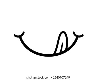 Yummy Smile Vector Line Emoticon With Tongue Lick Mouth. Tasty Food Eating Emoji Face.