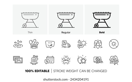 Yummy smile, Wedding glasses and Online shopping line icons. Pack of Balloon dart, No sun, Cake icon. Photo album, Baggage scales, Fishing float pictogram. Spf protection, Grill, Home grill. Vector