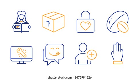 Yummy smile, Wedding locker and Monitor repair line icons set. Package, Soy nut and Woman read signs. Add user, Three fingers symbols. Emoticon, Valentines day. Line yummy smile icon. Vector